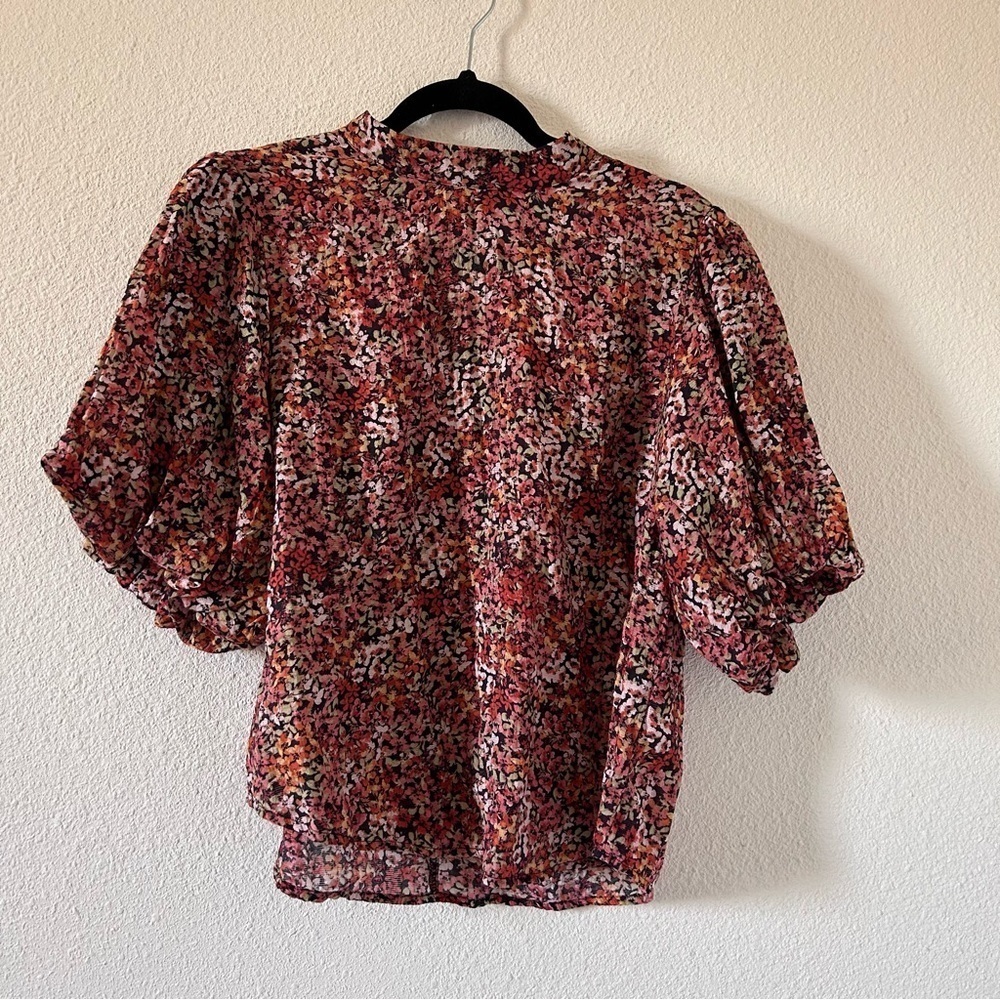 MINKPINK Women  1/2 Puff Sleeve Blouse XL Orange High Neck Floral Dixie Print